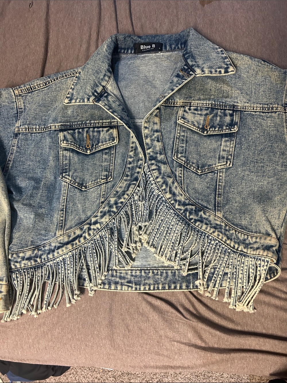Blue B Women's Light Blue Fringed Cropped Denim Jacket